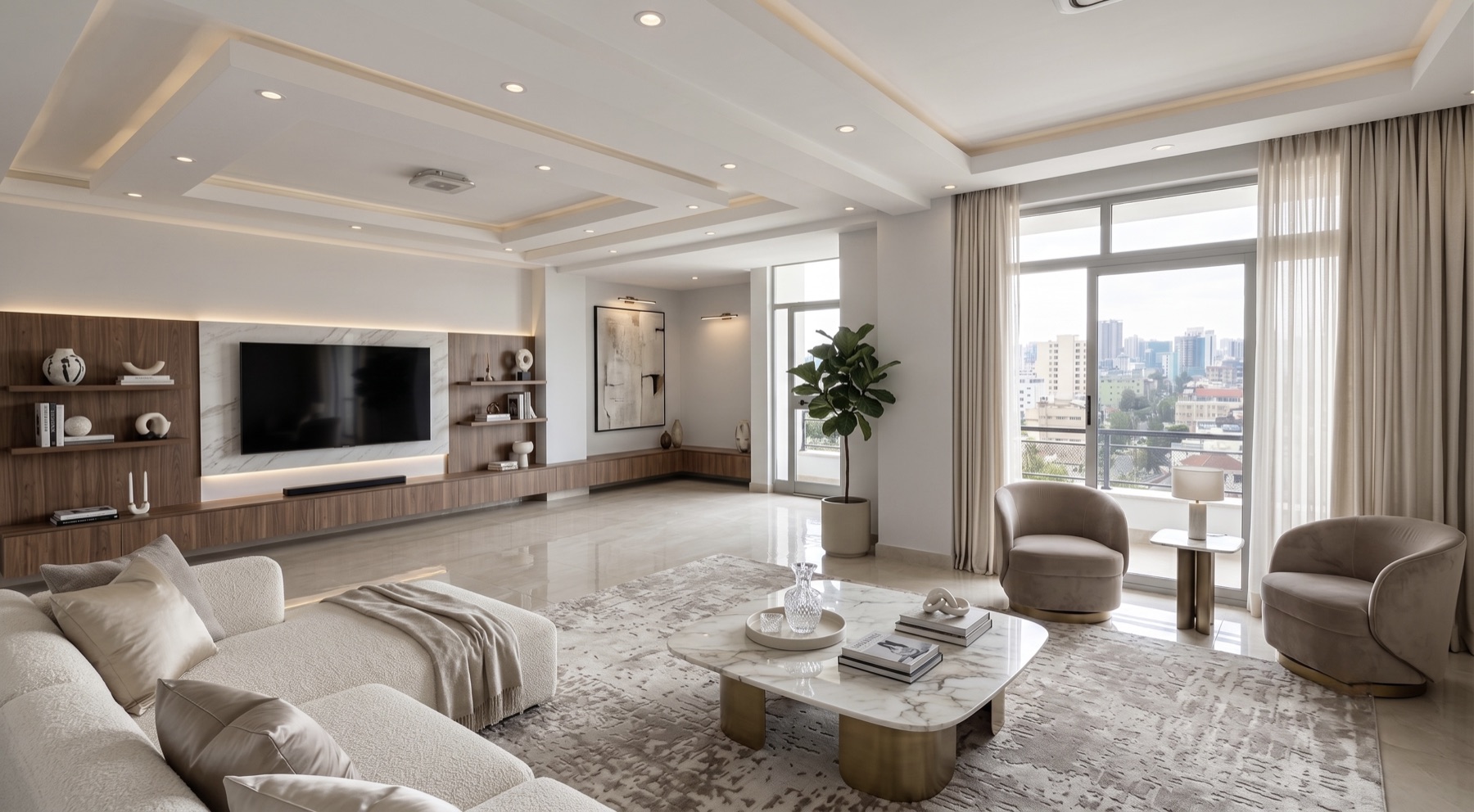 Real apartment living room with digitally staged furnishings