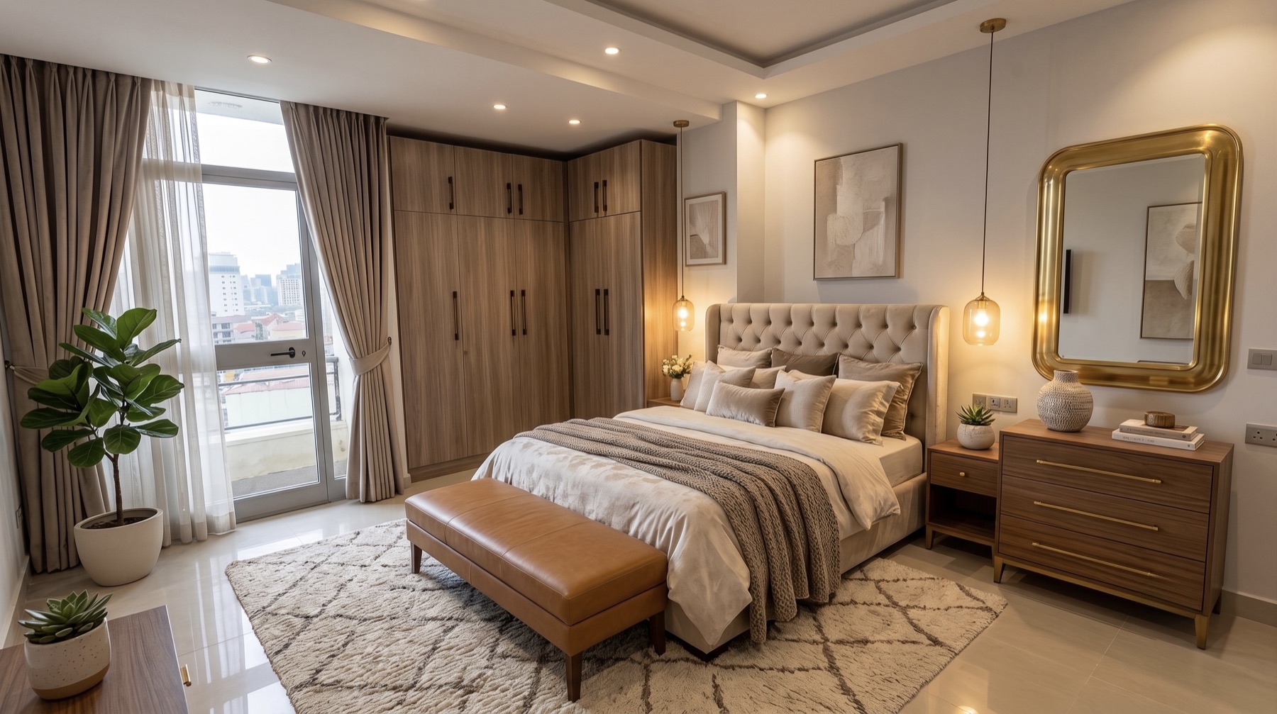 Real apartment master bedroom with digitally staged furnishings